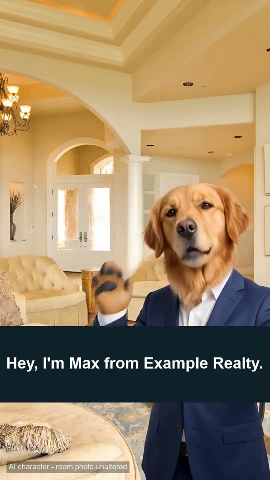 Max, an AI mascot host, in a listing living room